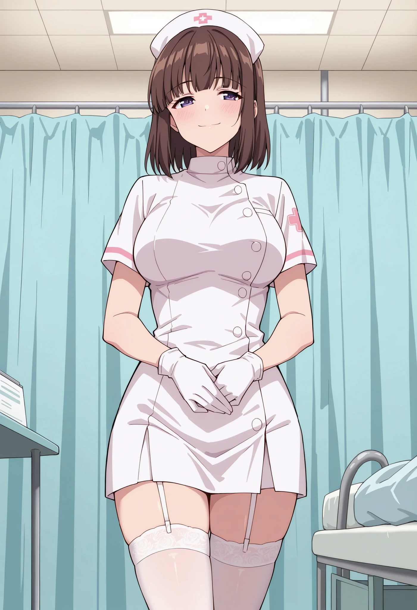 Score_9, score_8_up, score_7_up, source_anime, saionji_cnr, solo, brown hair, short hair, purple eyes, large breasts, (best quality), (high quality), {masterpiece}, extremely delicate and beautiful, ultra-detailed, beautiful detailed eyes, nurse, nurse hat, ((white nurse's outfit)), white gloves, white thighhighs, hospital room, smile, closed mouth, standing