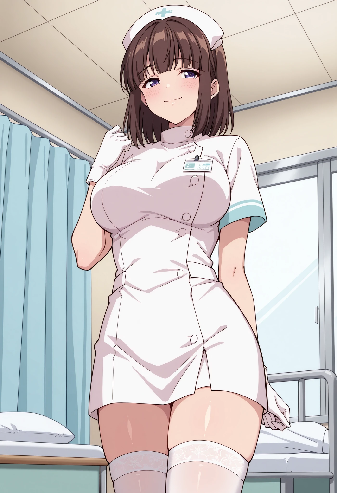 Score_9, score_8_up, score_7_up, source_anime, saionji_cnr, solo, brown hair, short hair, purple eyes, large breasts, (best quality), (high quality), {masterpiece}, extremely delicate and beautiful, ultra-detailed, beautiful detailed eyes, nurse, nurse hat, ((white nurse's outfit)), white gloves, white thighhighs, hospital room, smile, closed mouth, standing