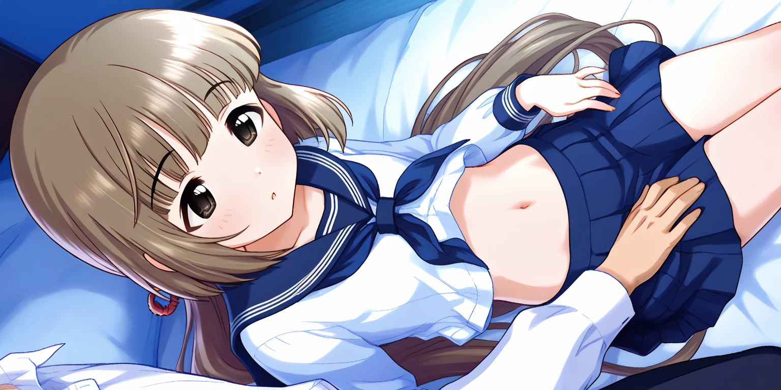 A woman is pushed down on the bed and looks embarrassed, on her back, wearing a sailor suit, breasts visible, skirt pulled up for sex, panties visible, missionary position, erotic face,POV, mouth wide open and screaming, face Blushing, pleasure face.