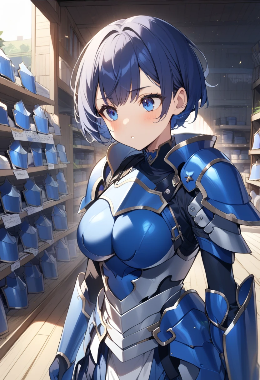 full body,masterpiece, high details, high quality, best quality, anatomically correct, masterpiece, textured skin, super detail,ultra-detailed, best quality, extremely detailed, 8k, high res, realistic, 1girl, 18yo, beautiful girl, (half closed eyes),(narrowed eyes:1.2),(open mouth), (blush:1.2),BREAK,(armor,navel exposed:1.8),blue beautiful eyes, (blue medium bob hair,asymmetrical parted bangs:1.6),BREAK,(voluptuous bust:1.5),(Gaunt , thin waist:1.3),white background, 