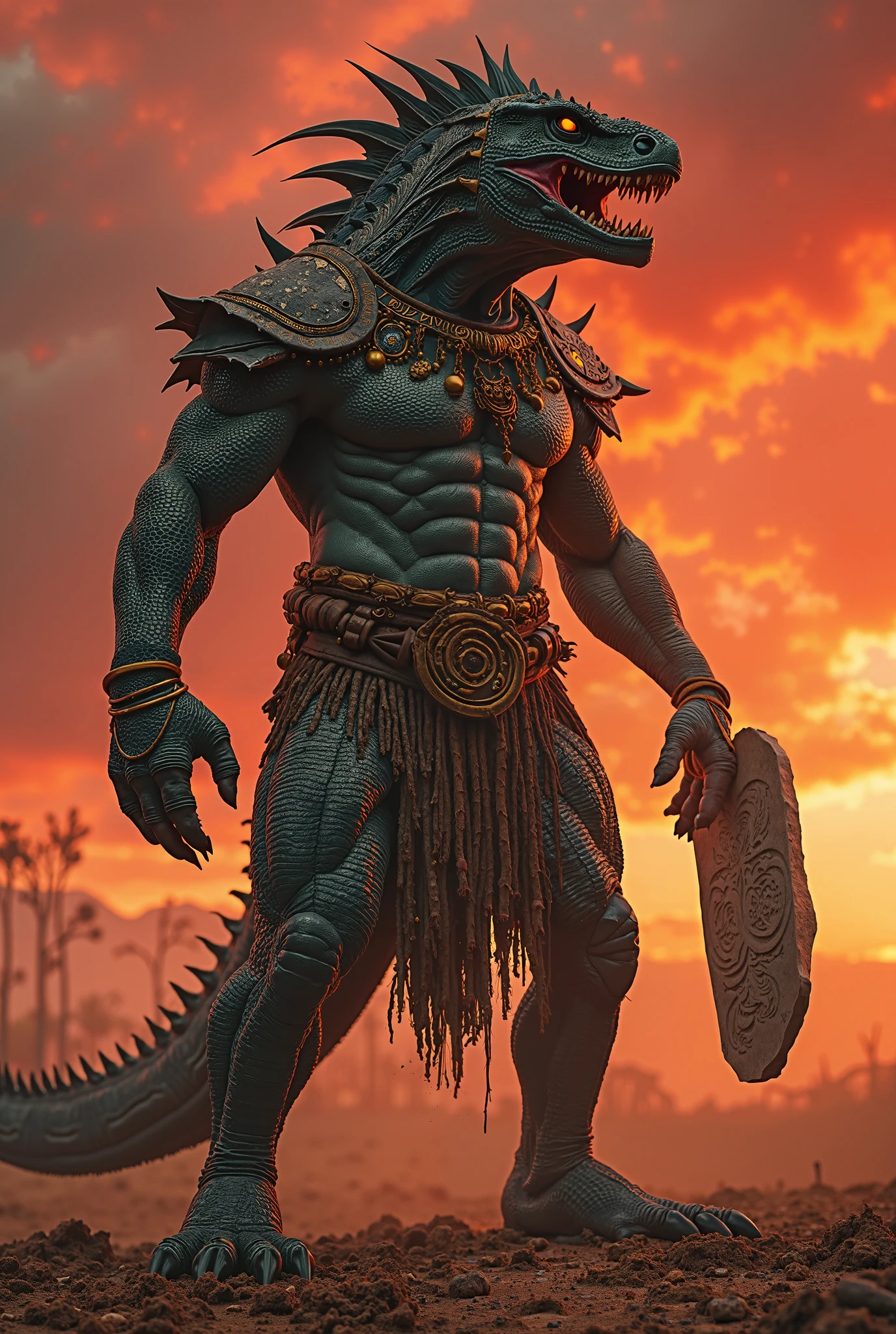 highres, furry, anthro, dragon, black and gold scales, blue eyes, horns, tail, sun, desert background, standing on a sand dune, sandstorm, cacti, skulls, dust, heat, solo, 1 boy, masterpiece, best quality, extremely detailed, expressive, dramatic light, epic setting, very detailed, light against darkness, photography, hyper realistic, moody, cinema lighting, intricate detail, depth of field, bokeh, muscular, (digitigrade), wingless, loincloth, (white belly), (bara)