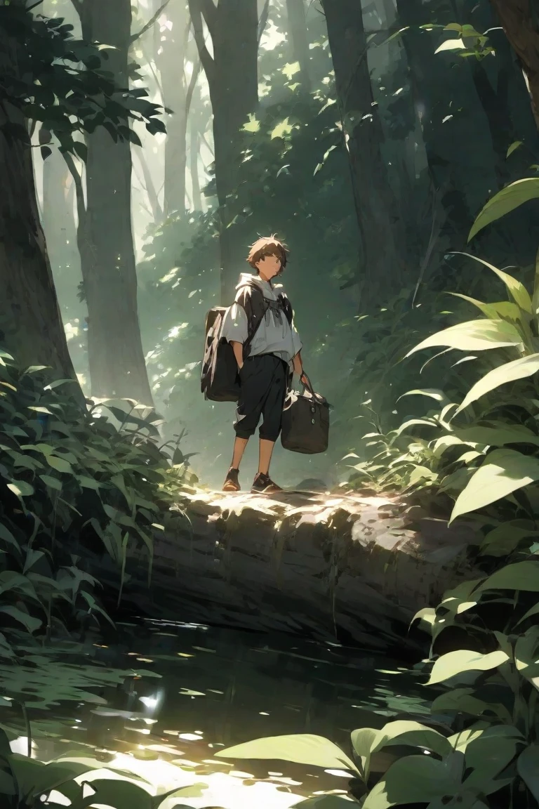 Character for children's fable. Menino, com cabelo preto, olhos azuis, com mochila nas suas costas, caminhando, he's in the woods, floresta clara detalhada. Gato em sua frente