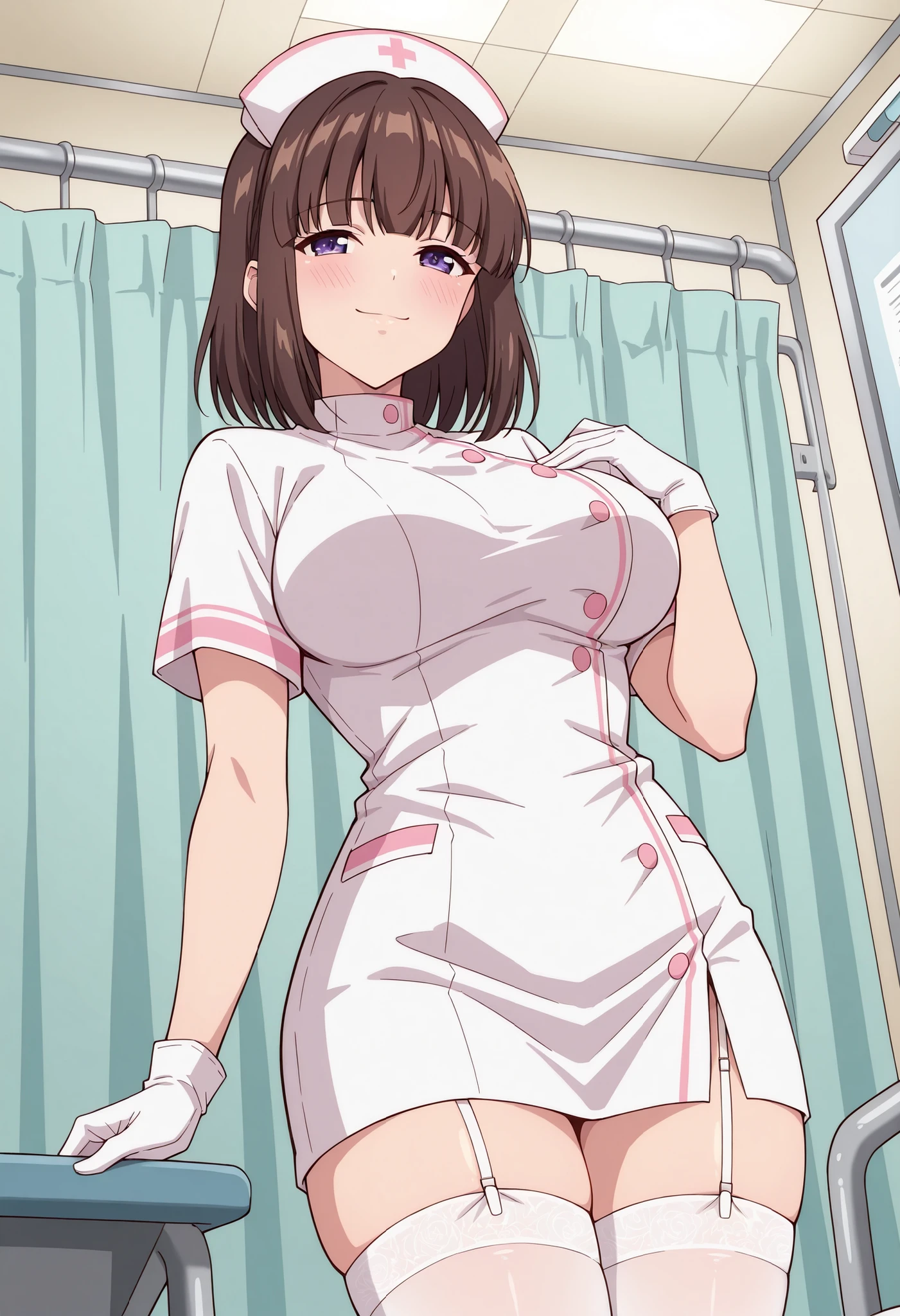 Score_9, score_8_up, score_7_up, source_anime, saionji_cnr, solo, brown hair, short hair, purple eyes, large breasts, (best quality), (high quality), {masterpiece}, extremely delicate and beautiful, ultra-detailed, beautiful detailed eyes, nurse, nurse hat, ((white nurse's outfit)), white gloves, white thighhighs, hospital room, smile, closed mouth, standing