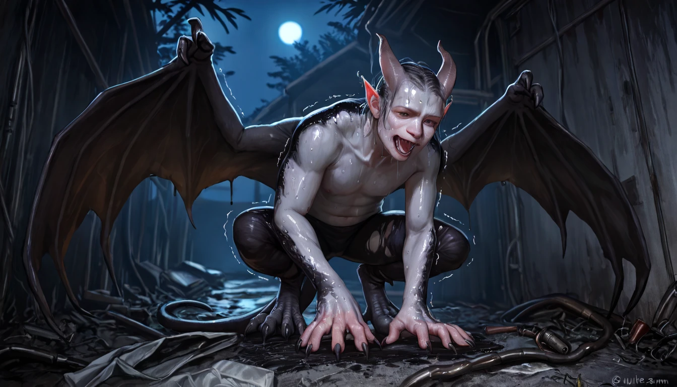 anthropomorphic furred bat, tavern, high resoultion, realistic, 4k, upscales, high detail, realistic fur, fluffy, shaggy, delicate fur, green eyes, thin cock, hyper balls, saggy balls, presenting penis, standing, long thick tail, digitigrade paws, bedroom eyes, smug look, detailed eyes, white sclera, perfect pupil, peeking at viewer, big eyes, precum dripping from cock, black fur, black body, ((furry balls)), fur tuft on balls, furry chest, furry legs, furry arms, throbbing cock, chiropteran wings, cumshot, excessive cum, cum everywhere, cum from cock to floor, cumming at viewer, open mouth, blushing, long bat tongue