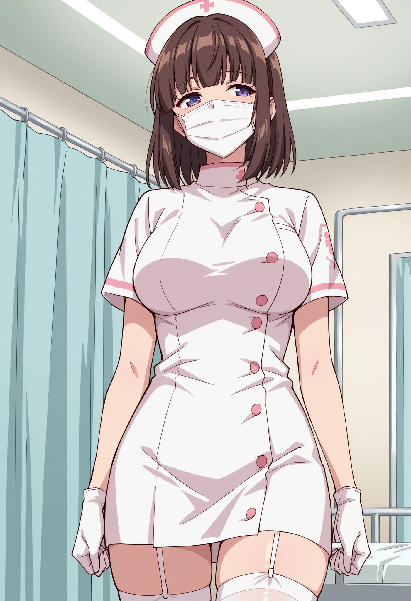 Score_9, score_8_up, score_7_up, source_anime, saionji_cnr, solo, brown hair, short hair, purple eyes, large breasts, (best quality), (high quality), {masterpiece}, extremely delicate and beautiful, ultra-detailed, beautiful detailed eyes, nurse, nurse hat, ((white nurse's outfit)), white gloves, white thighhighs, hospital room, ((white mask, mouth mask, covered nose)), standing