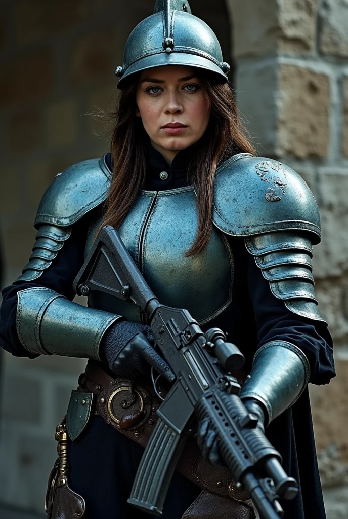 A woman dressed in a (((partially rustic black armor outfit))), with ornate details and contrasting panels, standing confidently against a (desert backdrop) that gives off a slight glow in the (interstellar void)