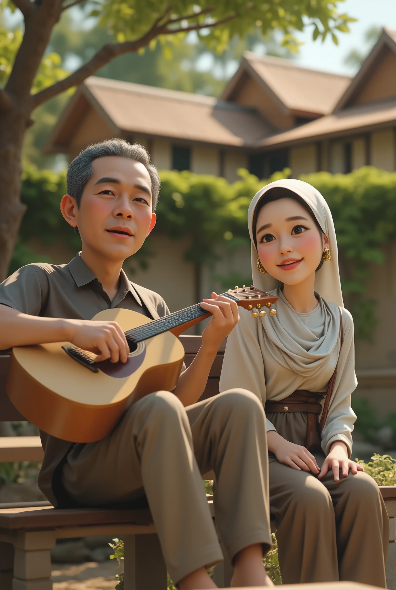 Generate an image of A scene in the yard of a traditional Malay village house in a realistic figurine style. P. Ramlee, the iconic Malay actor and musician, is sitting calmly on a wooden bench, playing an acoustic guitar with ease and grace. Near him is Saloma, the legendary Malay singer and actress, either standing or sitting close by, smiling warmly and clearly delighted by her husband's guitar playing. The atmosphere is serene and peaceful, surrounded by lush greenery and the charm of village life. Both are dressed in simple traditional attire — P. Ramlee in a casual Baju Melayu, and Saloma in a Baju Kurung with a modest headscarf. The warm, natural light of the late afternoon bathes the scene, adding a nostalgic glow and a deep sense of love, harmony, and timeless connection between them.