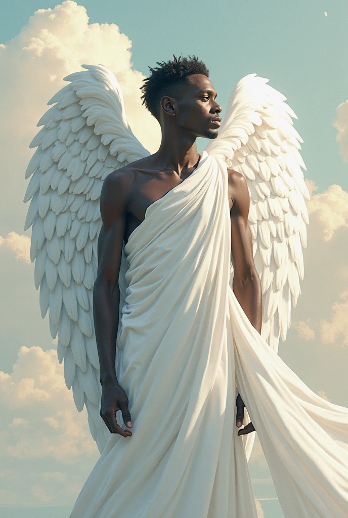 arafed man in a white bikini sitting on a wooden floor, full - body majestic angel, winged human, winged boy, big angel wings wide open, full body made of white feathers, massive angel wings, big angel wings on back, man is with black skin, strong and imposing, angel in plastic armor, epic angel wings, wide angel, angel with black wings, big long bulge, big crotch, thick dick, sexy pose,