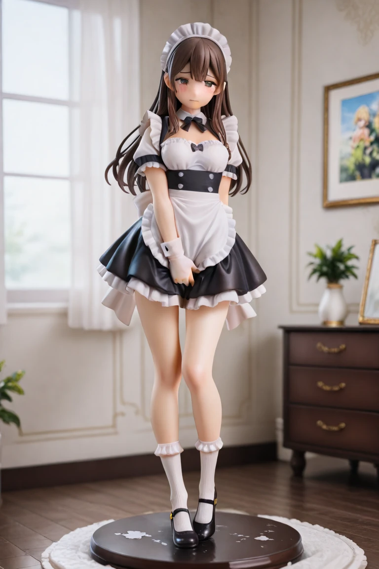 (((one maid)))Lace headband,long hair bun,Maid overalls,Rainbow Silk Bow Tie,Short sleeves with tight cuffs,apron,Short skirt,Thigh exposed 20cm,Black high-tops over the knee,leather shoes,Facial expression puzzled