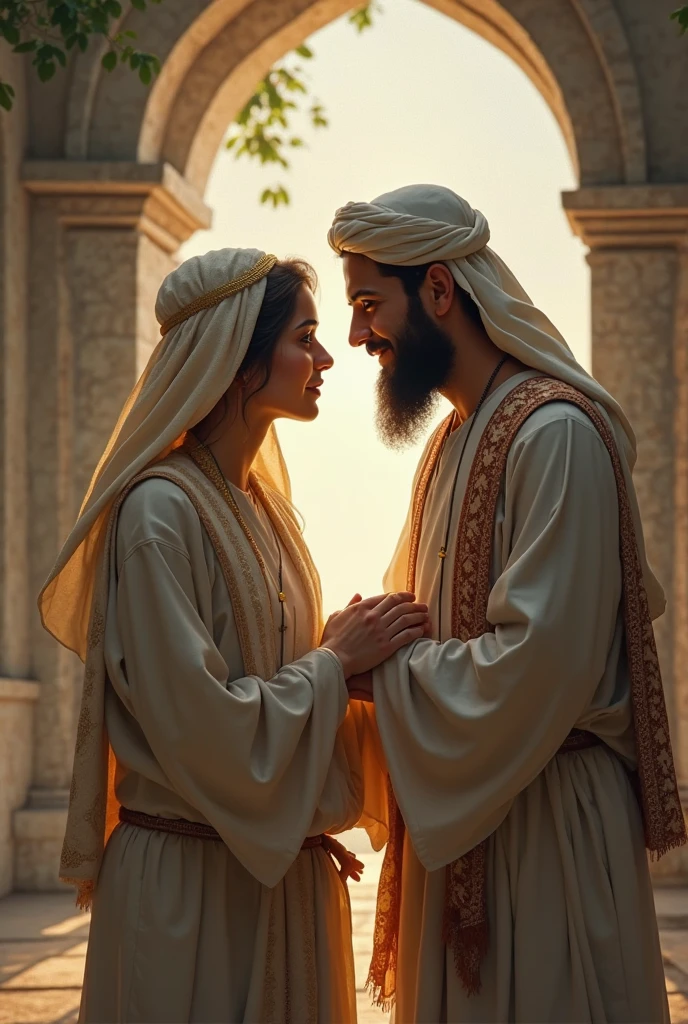 Create a picture of imam Hussain with the light on his face with his servant girl on wear hijab