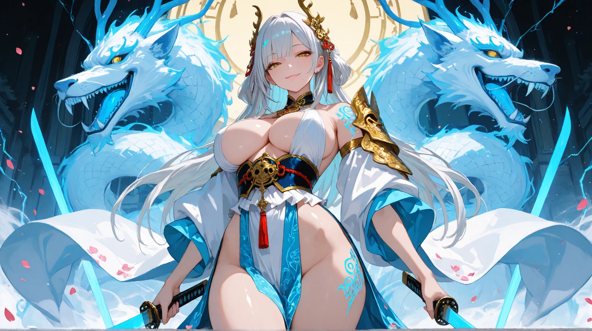 A woman with moth white hair wearing a gold swimsuit makes her a little sex