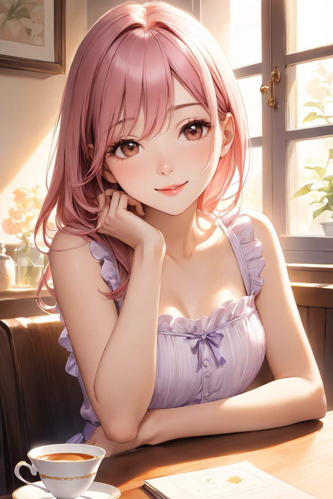 Upturned eyes, masterpiece、Highest quality、 amount, Curly Hair, A 26-year-old woman with long pale pink hair and blue eyes..、Wearing a white off-the-shoulder blouse、smile, (shy:1.2), Sitting、The background is a simple living room、Bold composition、The upper body is shown、alone、A close-up of your face