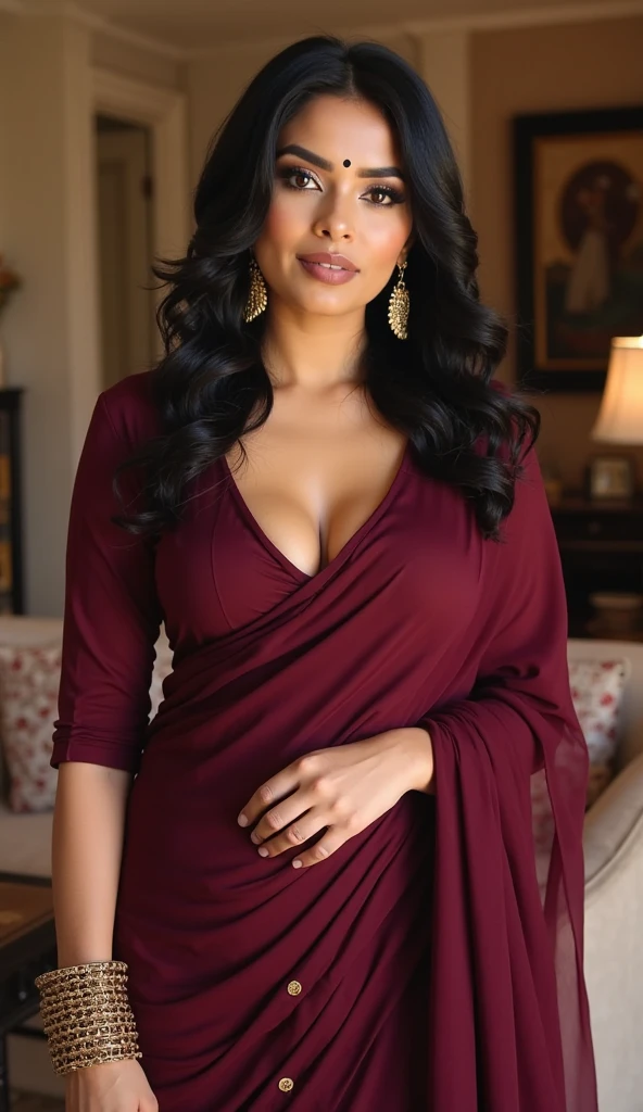 1950s old grainy picture Fair 55 year old Beautiful , stunning Arab Muslim woman wearing a dark maroonish puce brown abaya frock showing cleavage low neckline in depth of field apartment interior background
