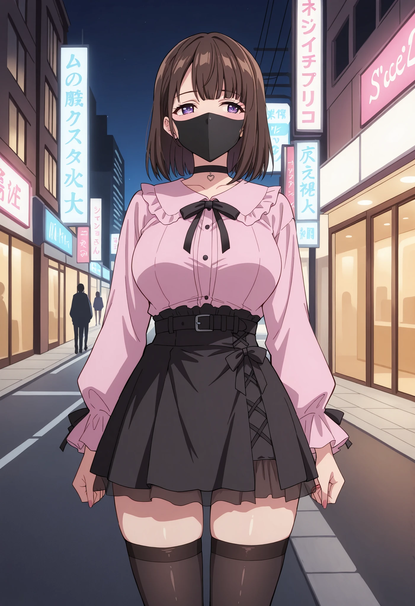 Score_9, score_8_up, score_7_up, source_anime, saionji_cnr, solo, brown hair, short hair, purple eyes, large breasts, (best quality), (high quality), {masterpiece}, extremely delicate and beautiful, ultra-detailed, beautiful detailed eyes, jirai kei, pink shirt, black skirt, black choker, black thighhighs, shibuya, street, night, ((black mask, mouth mask, covered nose)), standing