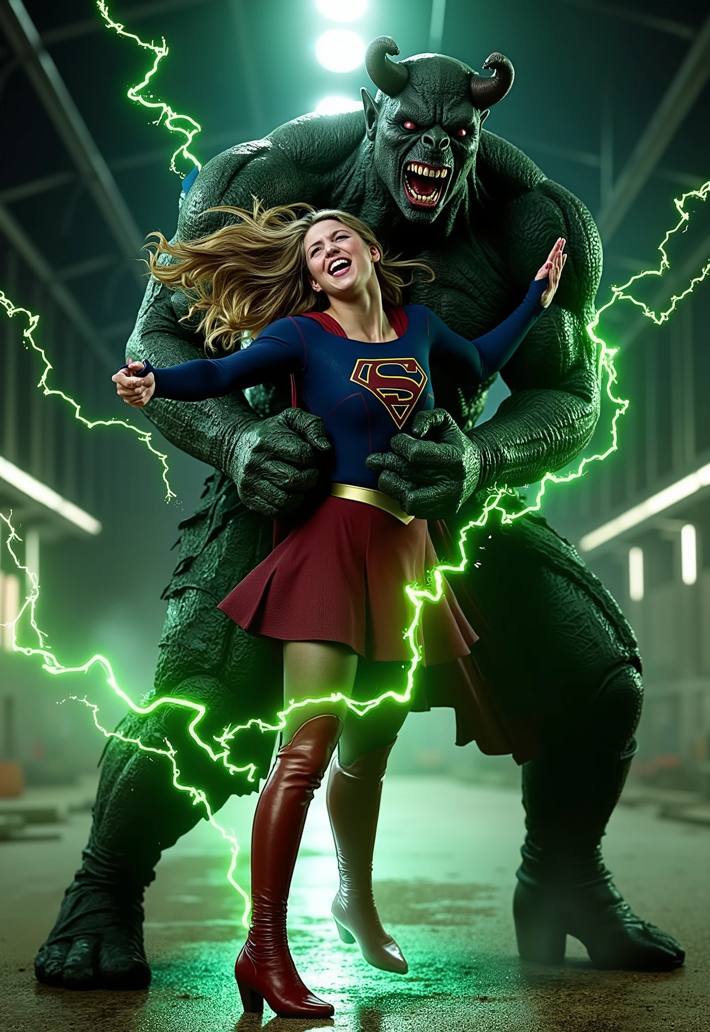 Melissa Benoist as Supergirl, fighting with a strong fierce devil, she is screaming in pain, her arms tied behind her back with green lighting chain, she is wearing a Supergirl costume, blue shirt and very short skirt, red high boots, she is attacked from behind by a huge body devil, the devil is holding her arms tightly from behind, he grab and bite her neck, he shock her with an electric spark, whole body from head to feet are visible, in the factory, night time, bright spot lighting,