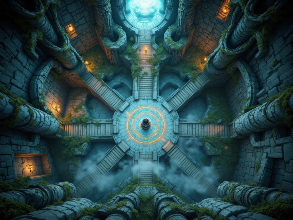 Top-down, fully overhead view, ultra-realistic, high-fantasy medieval troll tower interior battlemap. A vast, cathedral-like structure forged from glacial stone and ancient living wood, its walls veined with pulsating bioluminescent runes (#00CED1) and cloaked in sentient moss that subtly shifts in response to unseen druidic forces.

The space is segmented into monumental organic chambers, connected by twisting root-bridges and arched wooden causeways suspended over chasm-like crevices filled with frost mist.

At the heart lies an immense council chamber, shaped from woven titan-roots, encircled by massive root-thrones, all resting on a bark mosaic floor (#4A7043) carved with ancient glowing druidic sigils.

One chamber serves as the relic vault, sealed by interlocking ice-veined roots (#4682B4), containing sacred pre-elfin bark-temple relics, bone artifacts, and fossilized totems.

The towering ceiling is layered with icy beams and thick vine webs, suspending clusters of glowing fungi orbs (#00CED1) that fill the spire with an ethereal, dreamlike haze.

The floor alternates between moss-laden stone, fossilized bark pathways, and frozen root networks, creating a labyrinthine, organic terrain.

Scattered throughout are ritual implements: intricately carved bone staffs, stone offering bowls, and woven vine talismans.

A shaman’s elevated root-throne sits in a secluded alcove, partially veiled by cascading moss curtains, exuding an aura of reverence.

Special elements: constantly shifting bioluminescent runes along walls and floor, faint spectral mist rising from the moss, and the subtle hum of the sentient Frostbloom Heart permeating the air.

No isometric or angled perspective, no antique map elements, no labels, no borders. All textures highly detailed—mossy stone, crystalline ice, tangled vines—optimized for fantasy RPG grid play.
(World of Warcraft style, masterpiece quality, medieval high-fantasy epic atmosphere).

