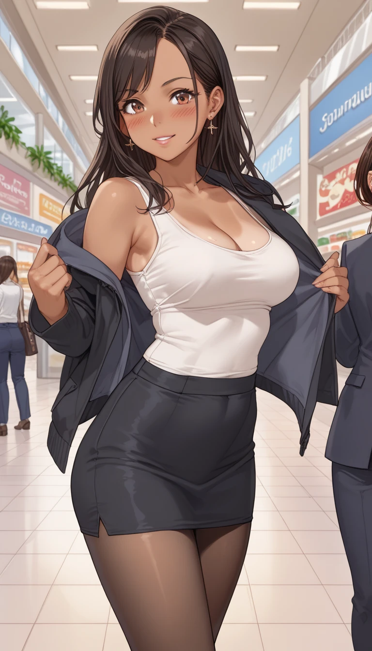 masterpiece,ultra detailed,gyarus,look at viewer,thick arms,27 years old,(tanned skin:1.1),(3females:1.3) sitting on desk,at office,pencil skirt,curvy adult females,oval face,cleavage,happy,