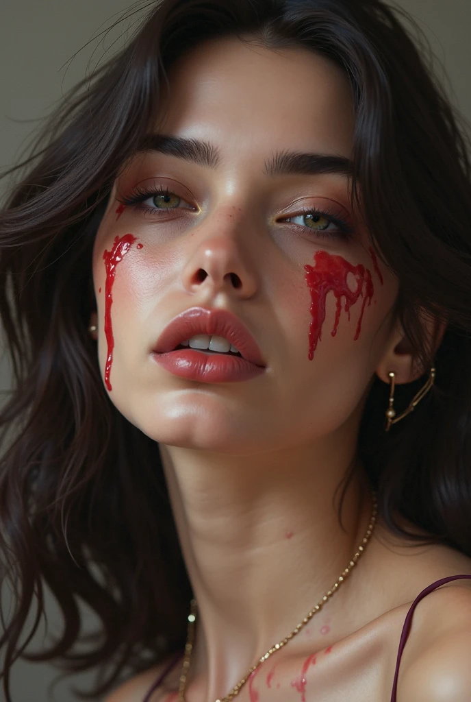there is a woman with a big dick on her face, his face flushed and sweaty, thick red lips, digital art. @mariomaniacdude, inspired by Hedi Xandt, thick lips, cream dripping on face, give your mouth, crying and reaching with his arm, red lipstick on face, retouched hands, digital art but photo