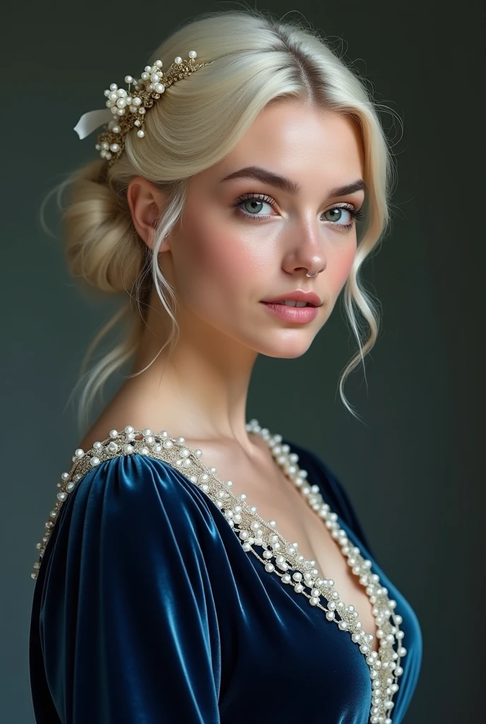 (8k, RAW photos, best quality), (spectacular realistic: 1.5), girls, dynamic postures, ?????? faces, blouses, (detailed eyes: 0.8), (view camera: 1.4), (best quality), (best shadows), intricate details, cinematic, ((skin: 1.4)), interior, (long flowing blonde hair: 1.3), dark studio, (HDR: 1.5), detail, muted colors, silver necklace, silver earrings, wavy hairstyle