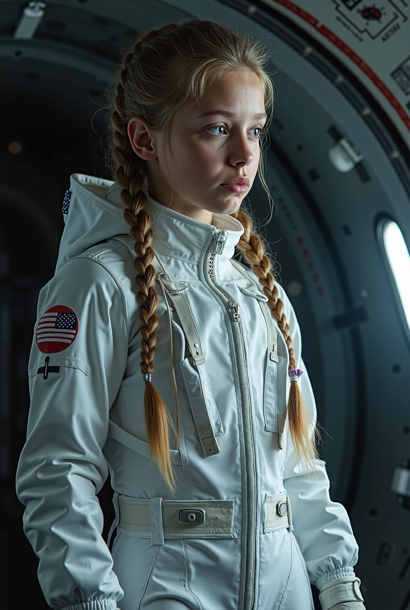 Dakota Fanning looking at the camera, con el uniforme de Ghostbusters y en su mano hay una trampa para fantasmas, ambiente misterioso