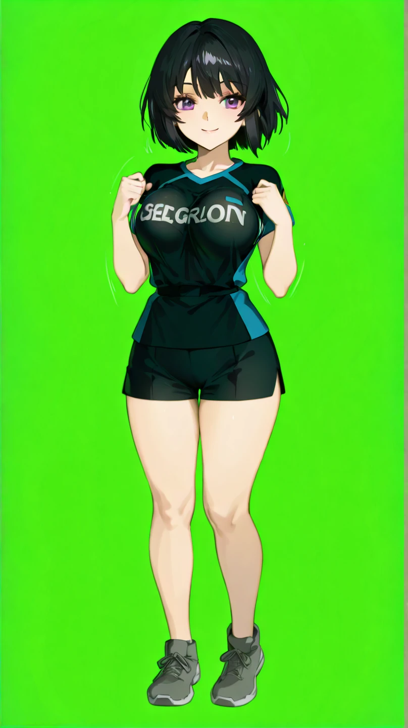(Highest quality,4K,8K,High resolution,Tabletop:1.2), Super detailed, (Realistic,photoRealistic,photo-Realistic:1.37), ((whole body)),((Girls with very short hair)), Sweat,Grin,Raise the hand,((Sports bra and navy blue leggings)), Wristband,White loose socks,Black sneakers,Beautiful attention to detail, Beautiful lip detail, Highly detailed eyes and face, Long eyelashes, Realistic anime 3D style, Smooth anime CG art, Digital rendering by Makoto Shinkai, Moe anime art style, photoRealistic rendering of an anime girl, Shinkai Makoto style, Cute anime girl visuals, Realistic young anime girl, Girl Fanart, Works by anime artists&#39;Studio.