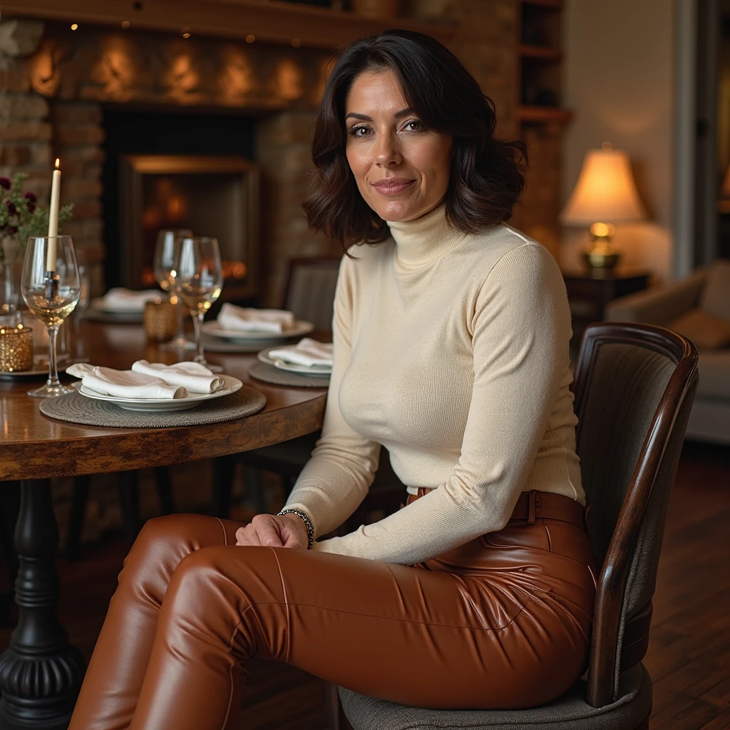 40-year-old arabic woman Black fur sweater Latex pants Kitchen Bending Smirk