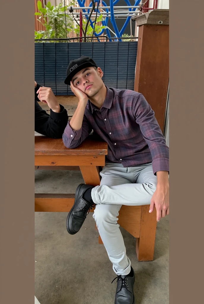 An 18 year old boy with a boyfriend bob hairstyle, wearing a white oversized hoodie and black cargo pants, is sitting at night in a rural area
Indonesia.
