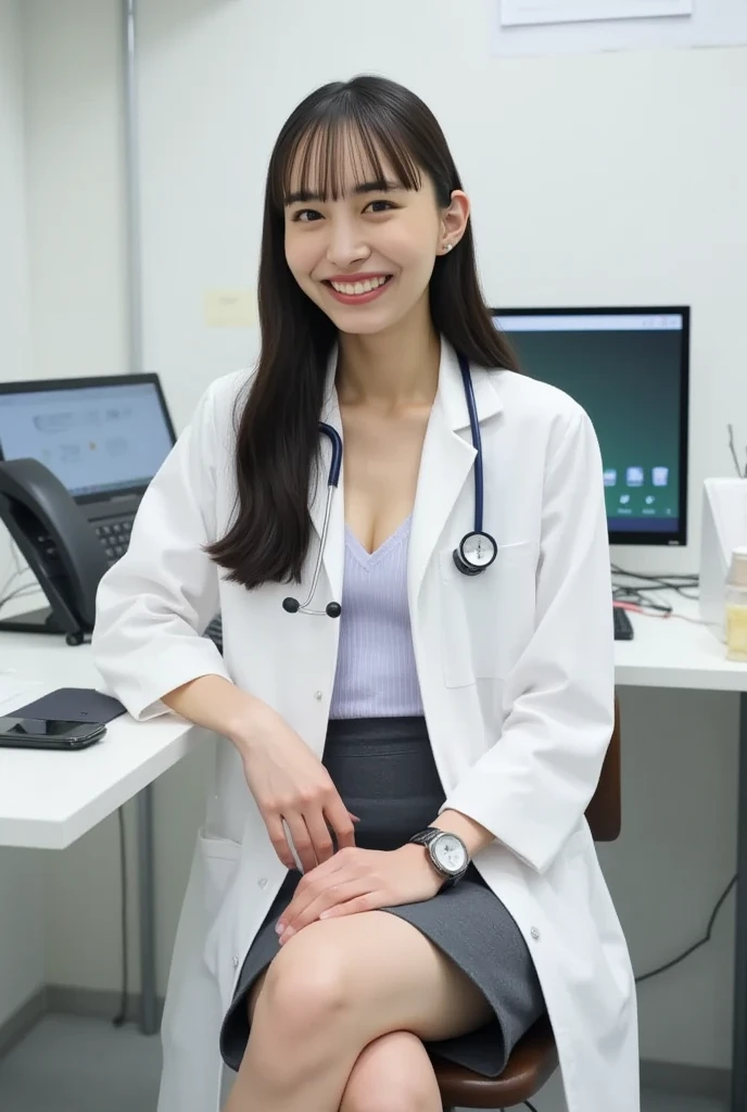 young woman、 Japanese women、Light brown hair、(Full body photo)、Necklace around the neck、Doctor's attire、Knee-length skirt、tights、pumps、(Full body photo)Stethoscope、、short hair、Wavy Hair、sit in a chair in the operating room、Intricate details, Very detailed:1.2), 、(Full body photo) Looking into the camera,The background is the operating room...、ear piercing