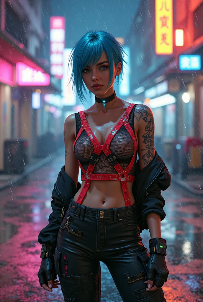 (best quality,4k,highres,masterpiece:1.2),ultra-detailed,realistic,sexy cyberpunk blue hair nerd girl in leather bikini,portraits,neon-lit,cityscape,glowing tattoos,laser guns,cybernetic enhancements,dystopian future,computer hacking skills,technological gadgets,dark alleyways,futuristic skyscrapers,defiant expression,fierce and confident attitude,multiple piercings,metallic accessories,vivid colors,ambient lighting,vibrant nightlife.