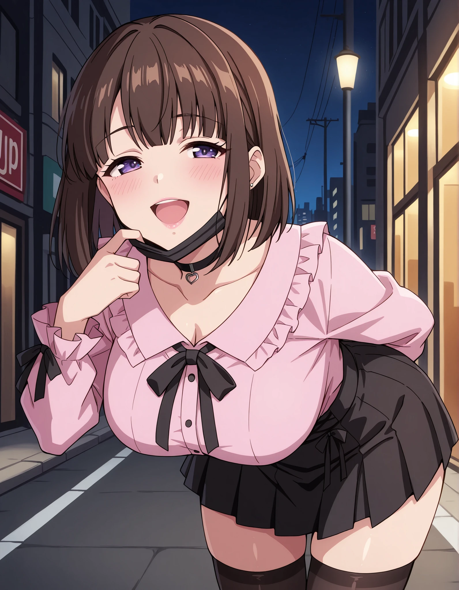Score_9, score_8_up, score_7_up, source_anime, saionji_cnr, solo, brown hair, short hair, purple eyes, large breasts, (best quality), (high quality), {masterpiece}, extremely delicate and beautiful, ultra-detailed, beautiful detailed eyes, jirai kei, pink shirt, black skirt, black choker, black thighhighs, shibuya, street, night, black mask, mask pull, pink lips, smile, open mouth, leaning forward