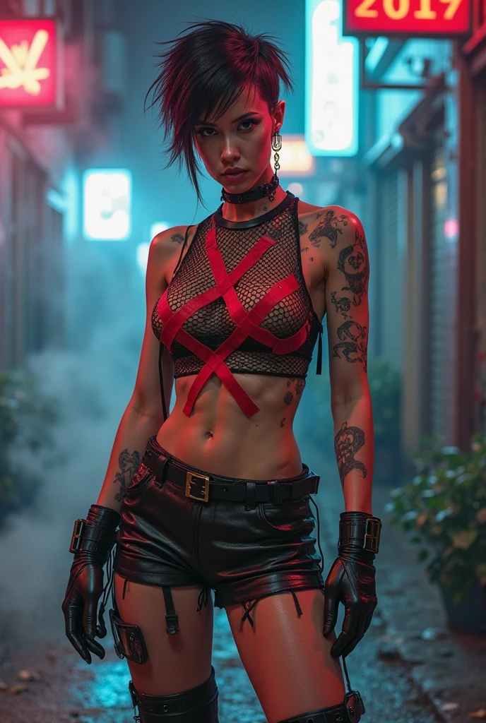 Safe For Work, Cyberpunk, Tongan, ethnically Tongan, prostitute, Tongan woman, Polynesian tattoos, tribal tattoos, wearing a full sleeveless red blouse with a very deep v cut that goes to midriff, open cut red pants that show thighs, red pants in chap style, belly button ring, neon red highlights in hair