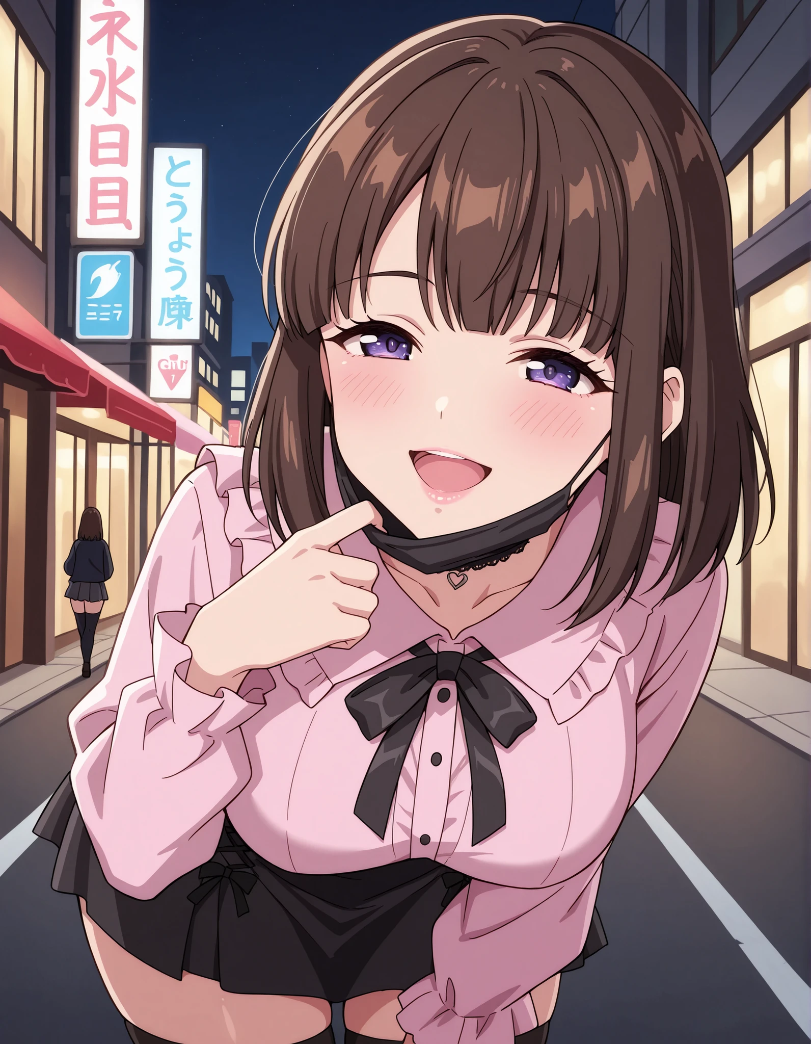 Score_9, score_8_up, score_7_up, source_anime, saionji_cnr, solo, brown hair, short hair, purple eyes, large breasts, (best quality), (high quality), {masterpiece}, extremely delicate and beautiful, ultra-detailed, beautiful detailed eyes, jirai kei, pink shirt, black skirt, black choker, black thighhighs, shibuya, street, night, black mask, mask pull, pink lips, smile, open mouth, leaning forward