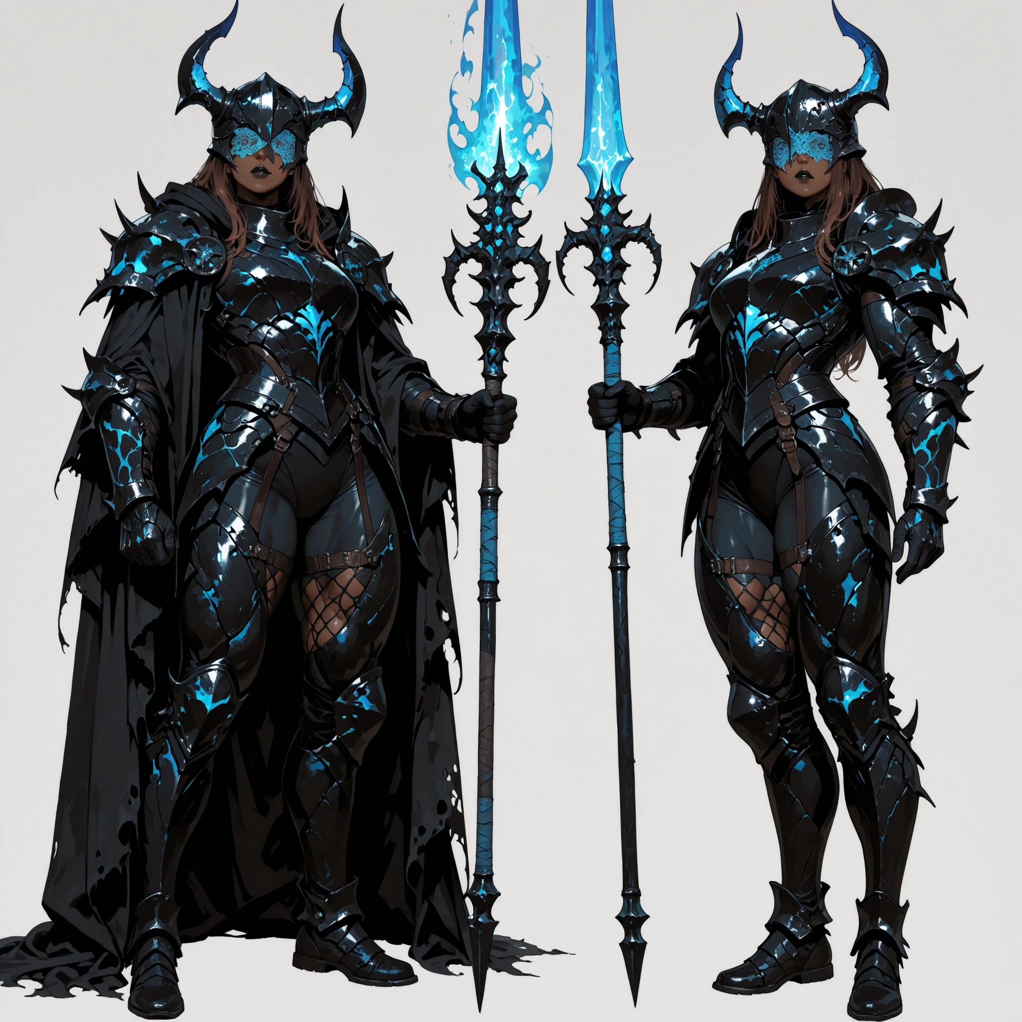 masterpiece,best quality,Ultra-detailed,multiple views,(reference sheet,character sheet),sharp edges,clear focus,full body portrait,1woman,busty black lips,brown hair,dark_skin,big muscles,muscular body,beautiful,Sexy lace blindfold,helmet with single beetle_horn,dark-knight,skin-thigh suit,(black armor,Armor design fused with beetle),black cloak,holding a huge long spear with glowing blue-fire,split beetle_wings,(simple_gray_background),super dynamic character poses,random poses and angles