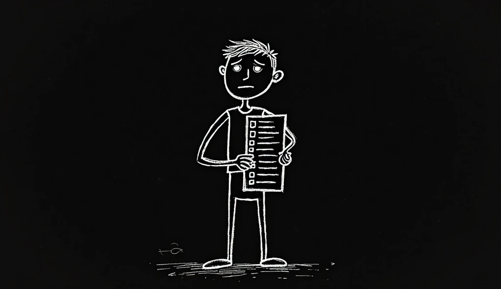 ---

**Prompt 1:**
Black background, simple sketch of a hand-drawn stick figure standing with slouched shoulders, holding a long checklist with many boxes unchecked. The figure’s expression is tired, with a faint frown and heavy eyelids.

---

