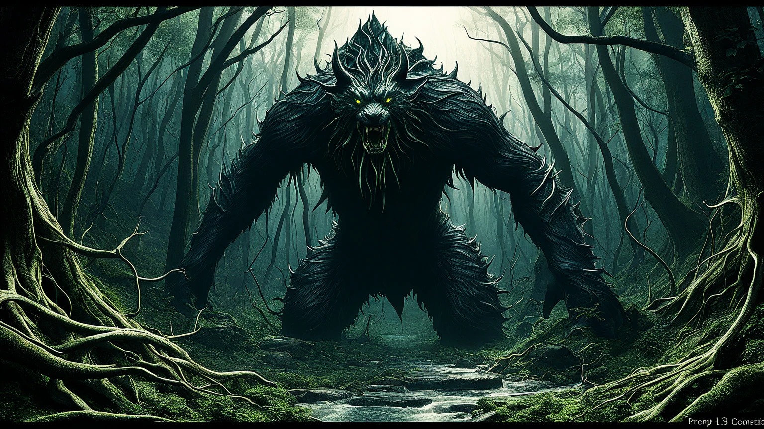 Create an eerie and captivating image of a lone lycan standing amidst a dense, ancient forest. The lycan should possess a formidable and otherworldly appearance, with glowing red eyes that pierce through the darkness. Its body is alien and monstrous, blending bestial features with subtle hints of a supernatural origin.

The forest itself should be portrayed in a dark medieval fantasy style, with towering trees twisted into gnarled shapes and tangled roots that seem to reach out like grasping claws. Moonlight filters through the thick canopy above, casting ethereal shadows and highlighting patches of moss and eerie luminescent fungi on the forest floor.

The atmosphere is thick with mystery and foreboding, as if ancient legends and dark secrets lurk within the depths of the forest. The lycan, a creature of primal instinct and unearthly power, stands as a sentinel in this realm of shadows, embodying the raw and untamed essence of the wilderness in a world where magic and darkness intertwine.