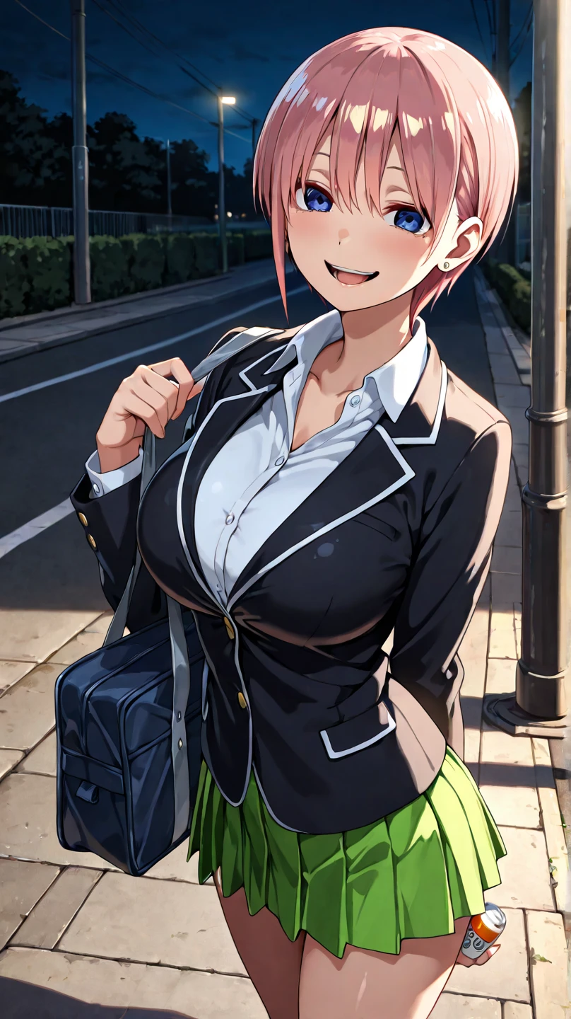 score_9, score_8_up, score_7_up, score_6_up, score_5_up, score_4_up, source_anime, 4k resolution, highest quality, 1girl, large breasts, thin body, beautiful, Comistyle, ubel,green hair, bangs,hair between eyes,side ponytail, purple eyes,black choker, shirt, skirt, parted skirt, school_uniform, collarbone, cleavage pantyhose, cardigan, city, outdoors , smile, looking at viewer , standing