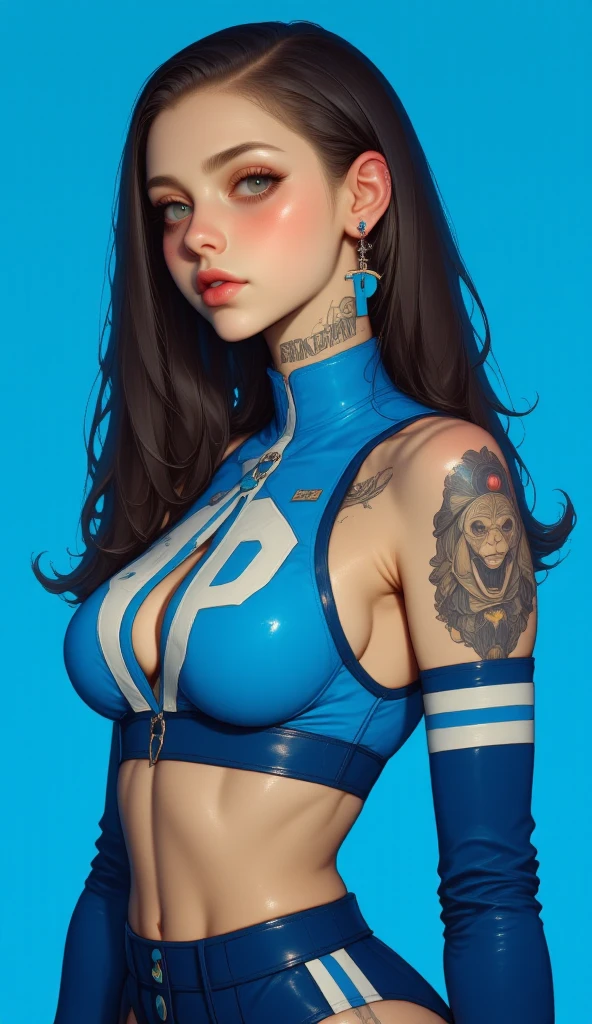 masterpiece, best quality, 1girl, solo, crop top, ((colossal cleavage:1.3)), gym leggins, choker, (graffiti:1.5), paint splatter, arms behind back, against wall, looking at viewer, armband, thigh strap, paint on body, head tilt, bored, multicolored hair, aqua eyes, headset, peepshow, nipslip(((petting cameltoe)))