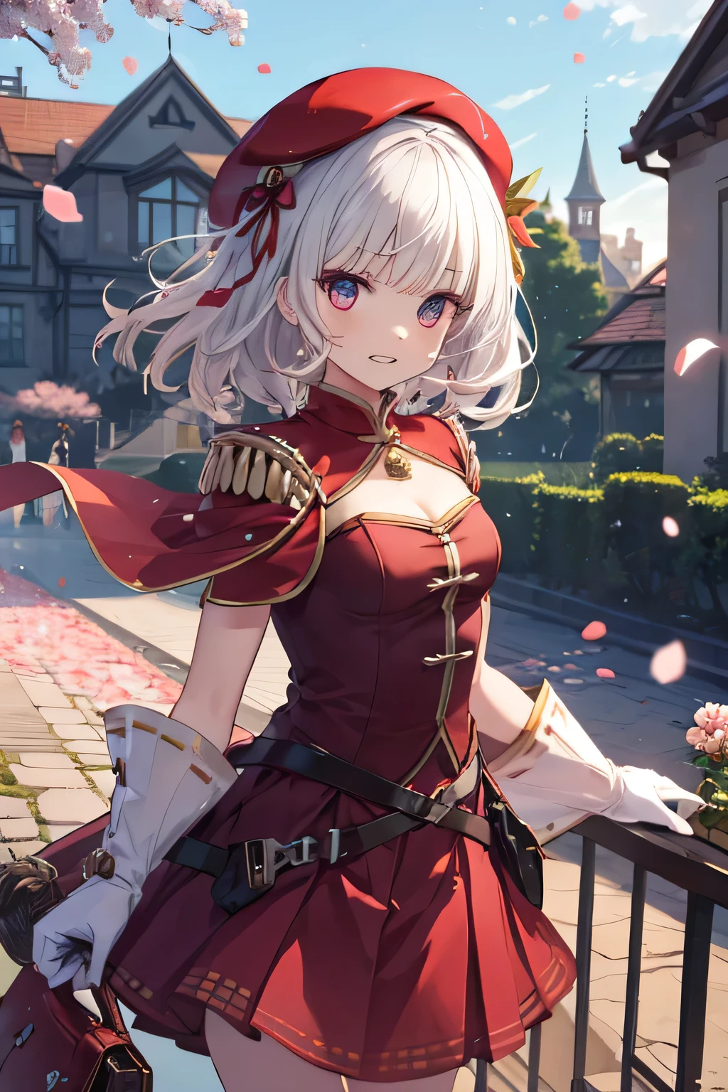 Serious girl, White hair, (showing teeth), castle background, castle background(mansion), complete anatomy,  Graphic Effects, red beret, strong breeze , sakura petals and leaves,    , the best quality