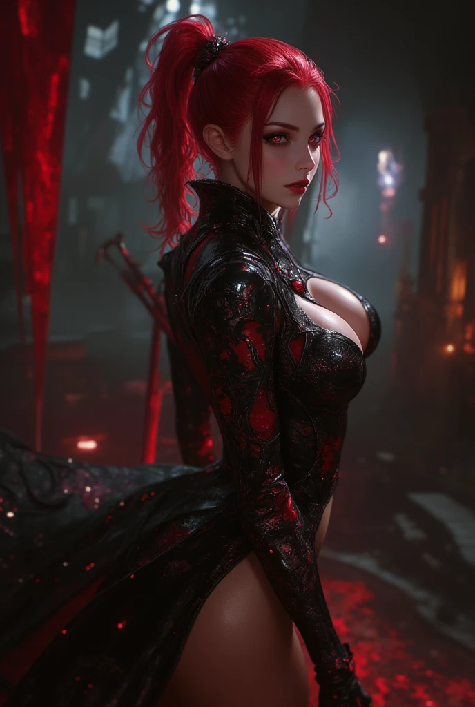 velvet crowe character,red short hair,beautiful,sexy,red,(best quality,4k,highres,masterpiece:1.2),ultra-detailed,(realistic,photorealistic,photo-realistic:1.37),vivid colors,sharp focus,professional,portraits,red velvet attire,gorgeous expression,intense gaze,crimson background,studio lighting