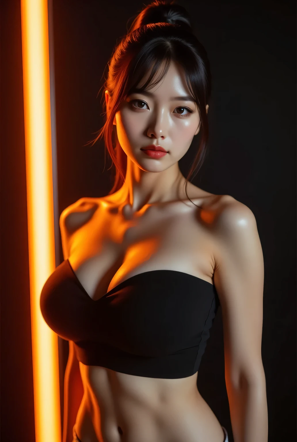 超A high resolution,masutepiece,Best Quality, ,perfect glossy shiny skins,Perfect Lighting,Detailed Lighting,Dramatic shadows,Ray tracing, 1girl in,Upper body,wet black virgin sweater, Looking at Viewer, off shoulders, Big breasts, Exposed cleavage, Blue eyes, Sharp face, Sharp eyes, Cyberpunk