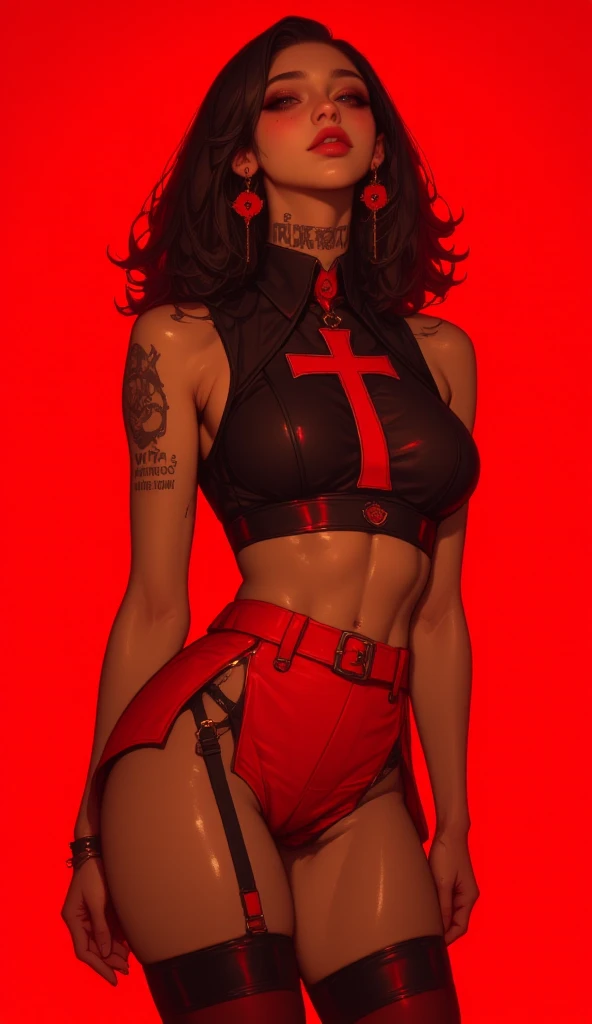 beautiful woman, red bodysuit, cleavage, navel, antenna