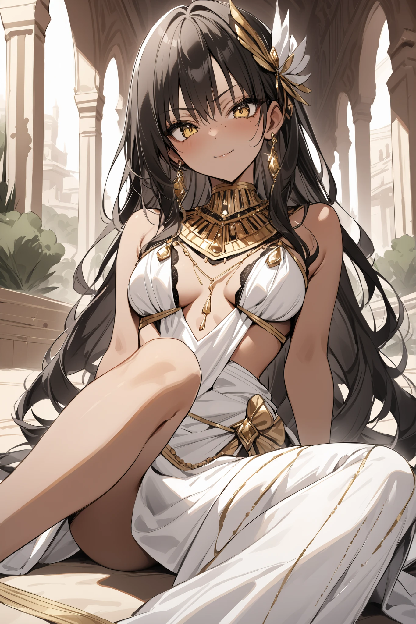 ((masterpiece,Highest Quality:1.2)),(soro),Slender, slender princess girl sitting cross-legged on the floor of a royal palace in the desert,cowboy shot, healthy tan skin ,with freckles on her face,black long hair,Perfect yellow eyes, tree eyes ,Serious smile,A hair ornament with luxurious gold ornaments,Egyptian costume in white tones,Gold Earrings