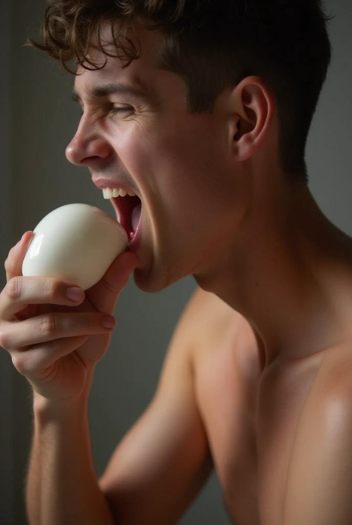 Muscular man licks dildo 