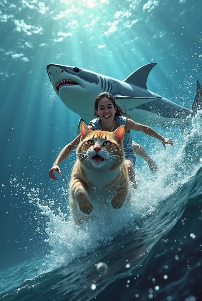 A giant cat stalks and eats a bikini clad woman, beach by moonlight, horror, at plays with prey