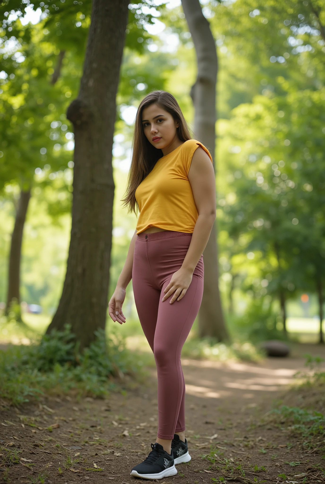 portrait, her name is Mia, high quality, 1 old woman, ((40-year-old guitar shaped body irish woman)), (((40 years old))), ((guitar shaped body)), wide hips, (wrinkled body), (old body), (((red hair))), (pale skin), ((green eyes)), she is wearing a sports bra and leggings, arms down dynamic pose, BREAK, BACKGROUND: outdoor: mountain hiking trail at dawn, misty path, cool air, soft light, backpacks