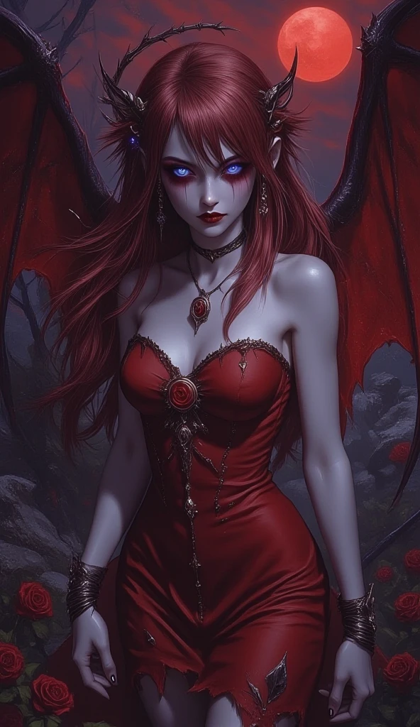 dark fantasy art, gothic art, photorealistic picture of a sexy beautiful female fairy standing under the starry night sky at the dark forest, full distant shot, full body (ultra detailed, Masterpiece, best quality: 1.5), ultra detailed face (ultra detailed, Masterpiece, best quality: 1.5), ultra feminine  (ultra detailed, Masterpiece, best quality: 1.5), (red skin: 1.3), black hair, wavy hair, dynamic eyes color, yellow glowing eyes, intense eyes, red lips, wearing white dress, dark elegant style dress (ultra detailed, Masterpiece, best quality: 1.3), black and red bat wings bat_wings (ultra detailed, Masterpiece, best quality), red veins, wearing high heeled boots, sky full of stars background, moon, best details, best quality, 16K, [ultra detailed], masterpiece, best quality, (ultra detailed), full body, ultra wide shot, photorealistic , dark fantasy art, gothic art Larry Elmore style,