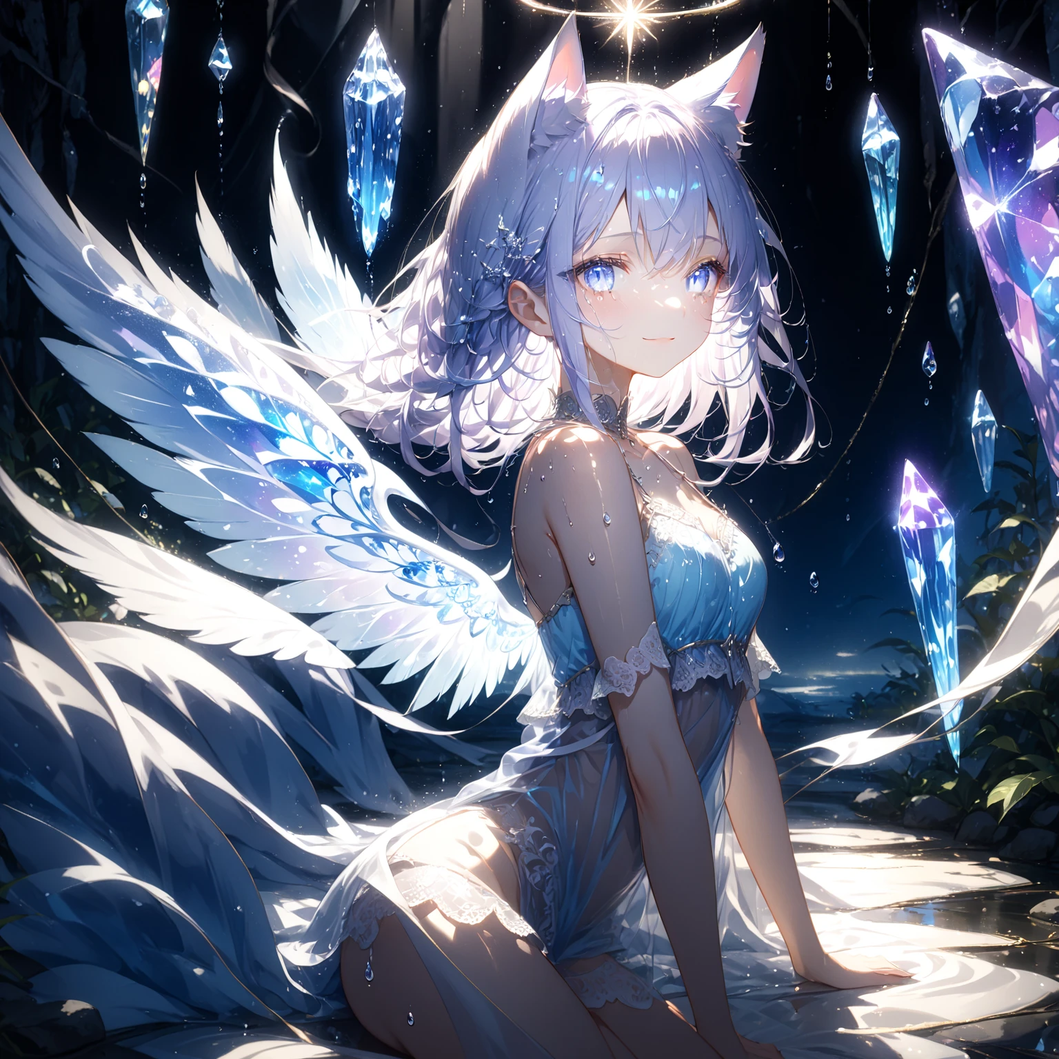 strong Androgynous fairy with white iridescent skin, tufts of fur on the neck wrists and ankles, thicc, flat chested, wearing small amount of silk clothing, has black eyes, strong, has abs, moth aesthetic, has white colored curly hair, has moth antennae, has moth wings, solo, alone, flat chested, fuzzy wristbands, fur necklace