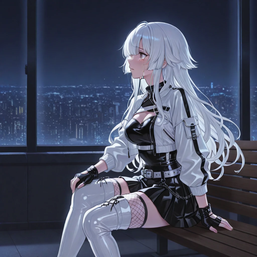A woman is sitting on a black leather chair．The girl is wearing a black suit and is leaning on her elbows．The girl has short white hair and strong eyes．A black cat is looking at a girl．The image is of a girl, a mafia．The cat is sleeping at my feet．The girls are looking straight ahead in the center of the screen．