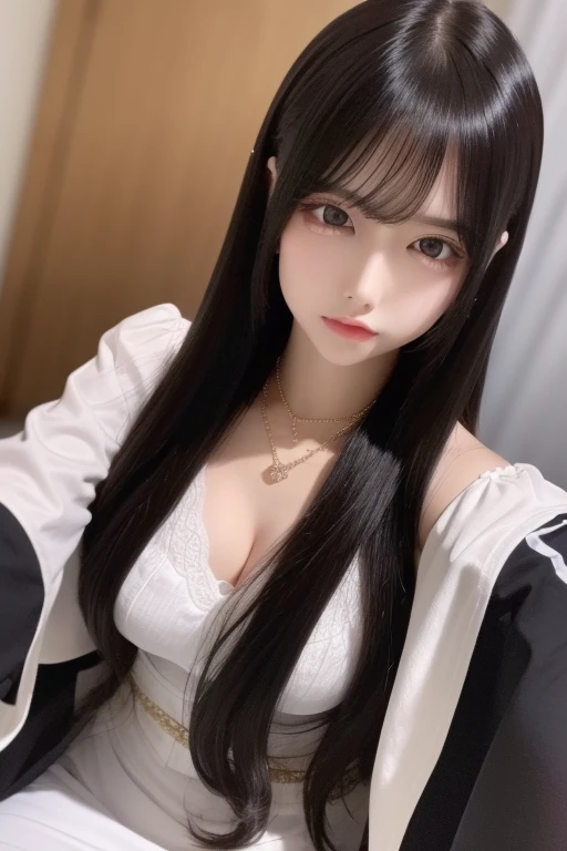 Masterpiece, best quality, (detailed background), high contrast, wife, upper body, (white background: 1.5), clean line drawings, black hair, open shirt, very long hair in bed, best quality, blush, looking at the audience, big seduction, slim body bumpy, 8K, open chest sexy, big