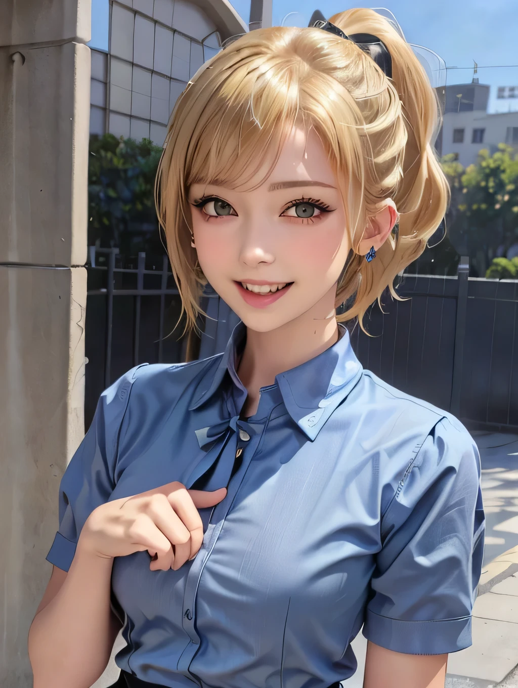 {{masterpiece:1.2}}, {{1woman}}, ((upper body)), ((standing)), ((school gate)), 21years old, ((gal)), ((blonde hair)), ((short hair)), ((ponytail_weave_hairstyle)), ((school uniform, blue shirt)), ((big smile)), ((open mouth)), ((raise hand)), ((ear piercing)), ((in the heat)), Japanese